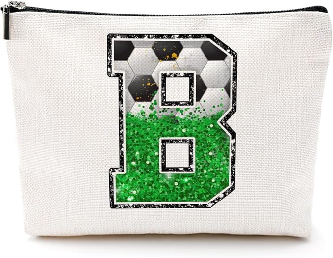 Soccer Gifts Initial Makeup Bag Monogrammed Cosmetic Bag Letter B Zipper Pouch Soccer Accessories for Girls Women Player Coach Friend Stuff Graduation Birthday Gifts