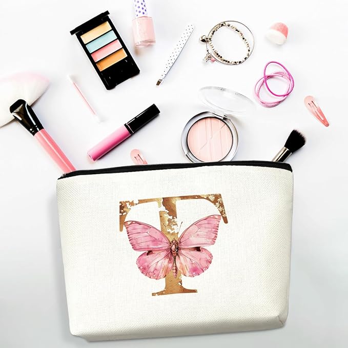 Initial Makeup Bag Pink Butterfly T Personalized Cosmetic Bag Monogrammed Gifts for Women Girls Friend Bestie Monogram Zipper Pouch for Friendship Mothers Day Birthday Wedding Bridal Shower Gifts