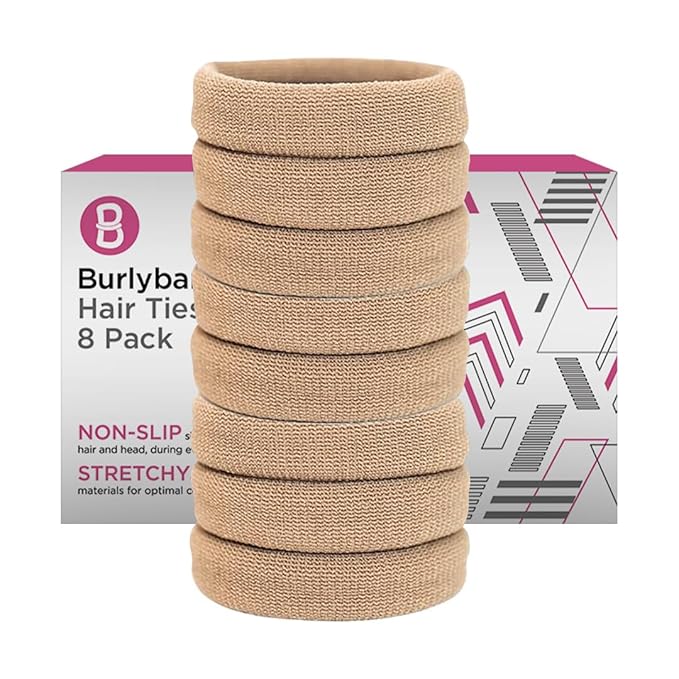 Burlybands Large Hair Ties for Thick, Heavy or Curly Hair - Non-Slip, Non-Damage, Seamless Women's Ponytail Scrunchies - Lt Brown, 8 Pcs