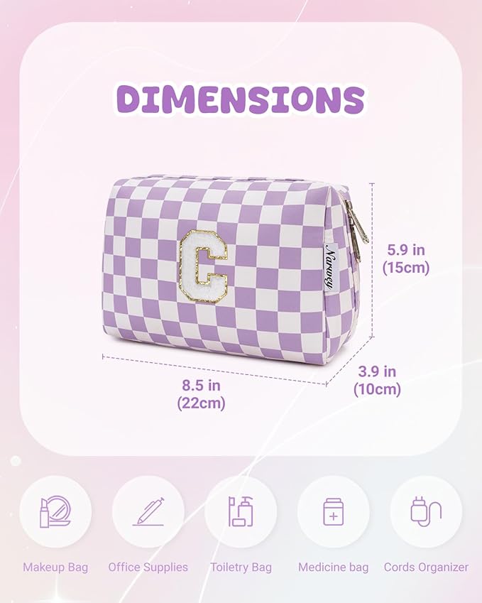 Narwey Birthday Gifts for Women Teen Girls Kids Personalized Initial Makeup Bag Monogram Preppy Cosmetic Bag Trendy Stuff 6 8 10 11 12 13 14 16 18 Years Old Travel Toiletry Bag (Purple C)