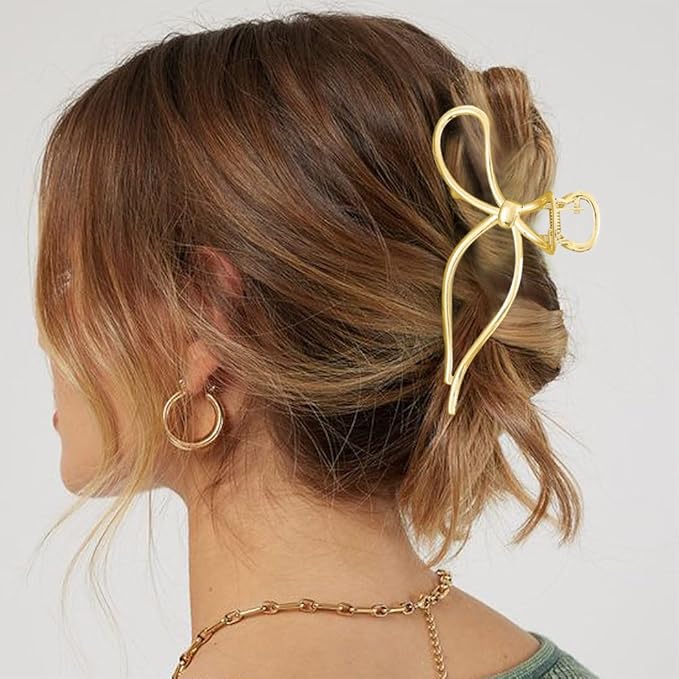 CAKURE Bow Hair Claw Clips Gold Metal Hair Clips Medium Hair Jaw Clamps Stylish Hair Accessories for Women and Girls (Pack of 2)