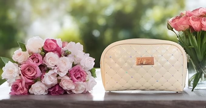 Luxurious Cream Quilted Cosmetic Bag - Elegant Travel & Makeup Organizer
