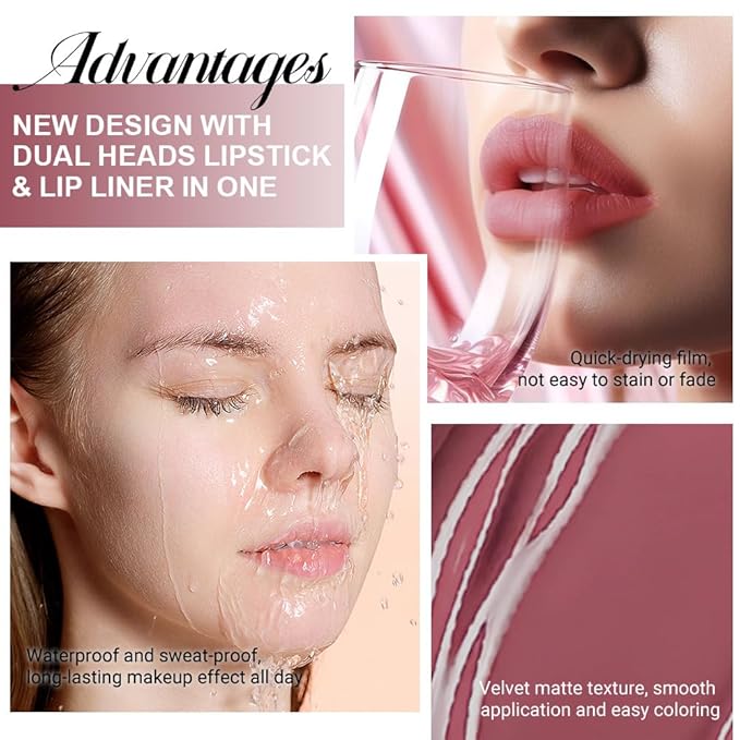 1Pcs 2 in 1 Red Brown Matte Lip Liner and Liquid Lipstick Stain Makeup Set for women, Red Brown Long Lasting Smudge Proof Lip Tint Matte Finish Lip Gloss for All-Day Color Hold Easy to Use 57#