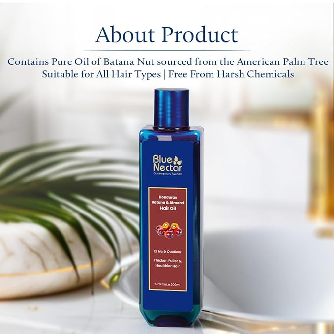 Blue Nectar Batana Oil for Thicker Hair | Pure Honduras Batana for Hair Growth with Organic Almond | Ayurvedic Hair Growth Oil for Stronger Hair (12 Herbs, 6.76 FlOz)