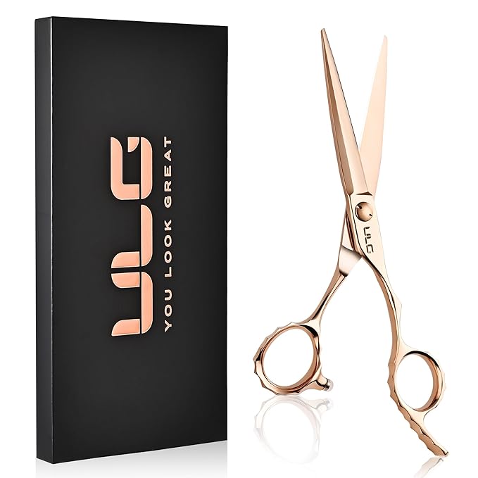 ULG Professional Hair Cutting Scissors with Luxury 18K Rose Gold Finish 6.5" Barber Scissors 440C Japanese Stainless Steel Hand-Honed Razor Sharp Blades Offset Handles Tension Adjustable, Right-Handed