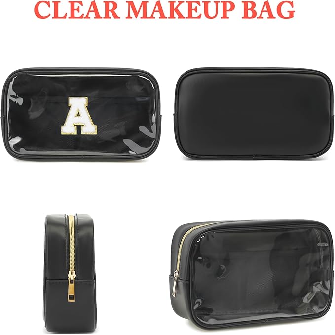 Clear Makeup Bag with 2 Customizable Chenille Letters - Waterproof PU Leather Cosmetic Case, Large Personalized Toiletry Pouch for Women & Teens, Ideal for Travel & Gift