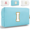 Small Personalized Letter Makeup Bag, Cute PU Leather Chenille Letters Cosmetic Bag Travel Makeup Pouch, Preppy Travel Organizer Zipper Pouch for Women&Girls（Blue-I）