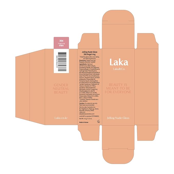 Laka Jelling Nude Gloss, 4.5g/0.15oz, Sheer Hydrating Lip Oil with No Stain, Non-Sticky, Nourishing Gloss for a Fresh, Glowy Look, Vegan, Clean Beauty Makeup, K-Beauty (#306 Angel Ring)