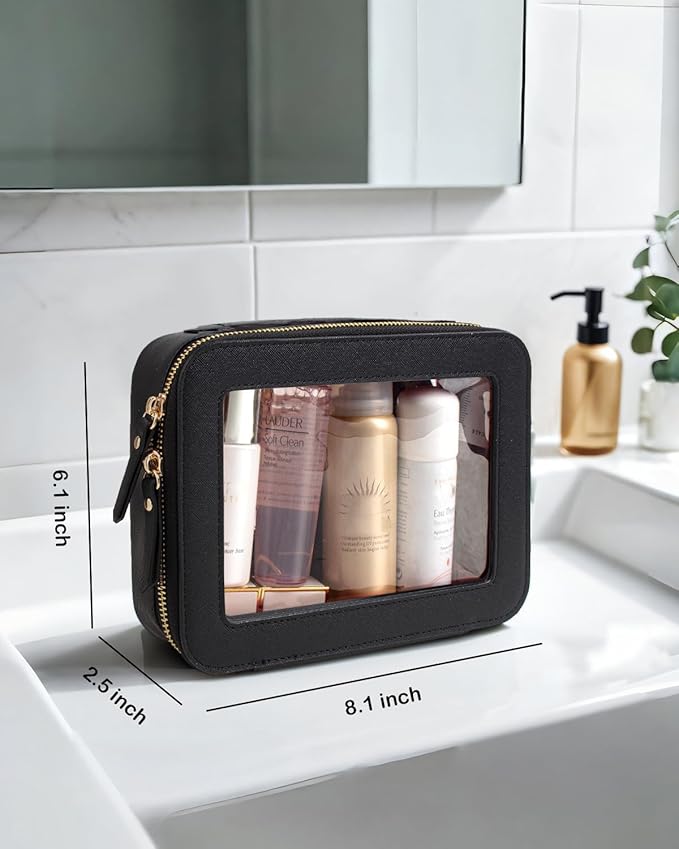 Clear Makeup Bag, Travel Cosmetic Organizer Case Waterproof Skincare Toiletry Bag with Zipper Portable Make Up Pouch Compact Car Organizer Bag for Essentials (Large Black)