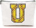 Initial Makeup Bag Monogrammed Cosmetic Bag Yellow Letter U Zipper Pouch Softball Accessories for Girls Women Player Coach Friend Graduation Birthday Gifts