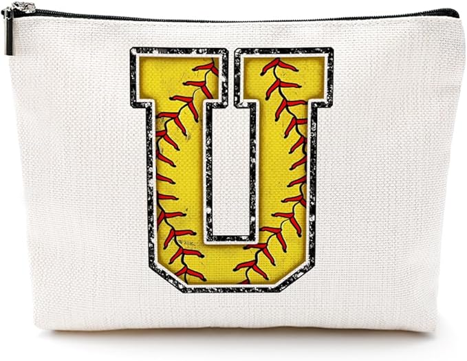 Initial Makeup Bag Monogrammed Cosmetic Bag Yellow Letter U Zipper Pouch Softball Accessories for Girls Women Player Coach Friend Graduation Birthday Gifts