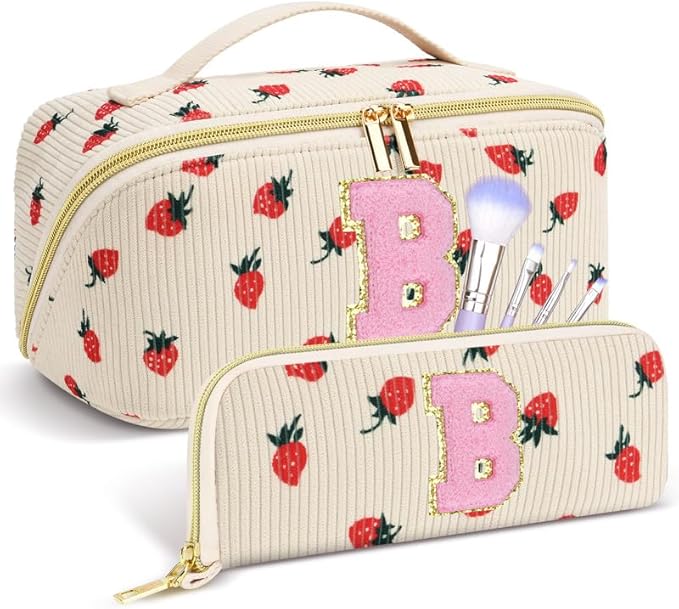 Personalized Travel Makeup Bag Set,Initial Travel Strawberry Makeup Organizer Bag,Toiletry Skincare Cosmetic Bag,Christmas Gifts for Women/Girls,Open Flat Toiletry Pouch with Brush Pocket-B