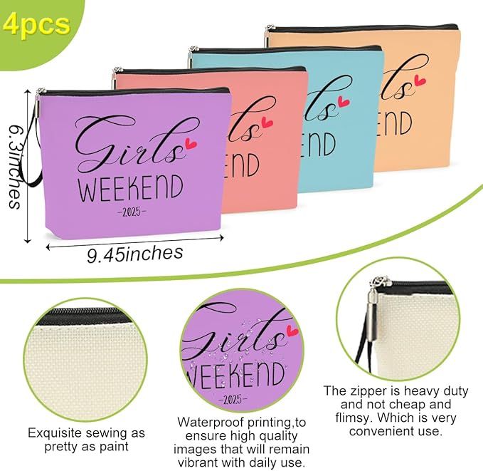 4Pcs Weekend Bags for Women - Girls Trip Gifts & Favors - Makeup Bag, Weekender Bags with Zipper Pouch for Wedding, Birthday, Bachelorette Party