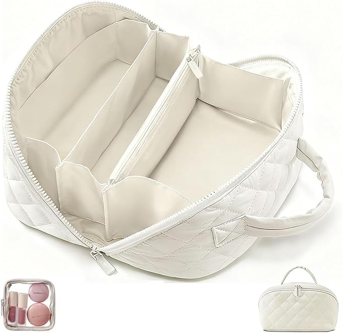 Petition Makeup Bag, 180° Open Lay-Flat Cosmetic Case, Large Capacity Compartment Makeup Bag, Lightweight, Soft and Fashion for Bottles & Brushes (White)