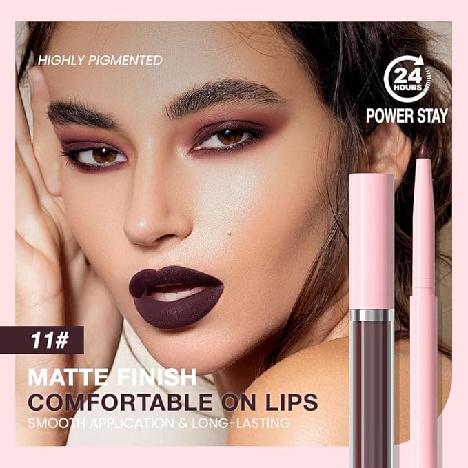 AMY'S DIARY 2pcs Matte Dark Red Lip Liner & Lipstick Makeup Set, Liquid Lipstick 24H and Lip Liner Set Matt Liquid Lips Make Up Waterproof Long Lasting (11#, 2 Pcs Set)