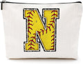 Softball Gifts Initial Makeup Bag Monogrammed Cosmetic Bag Letter N Zipper Pouch Softball Accessories for Girls Women Softball Player Coach Friend Softball Stuff Graduation Birthday Gifts