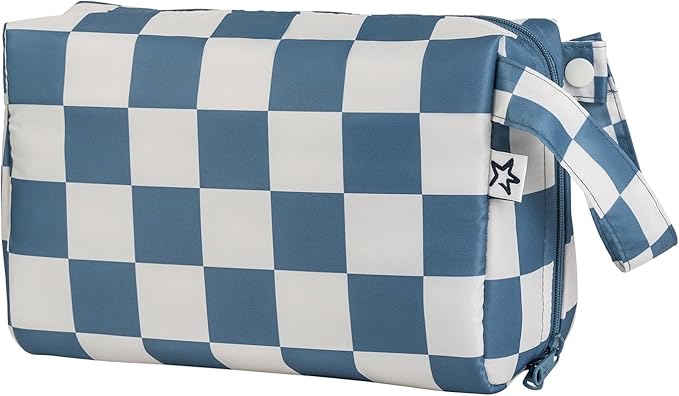 Tiny Twinkle Waterproof Travel Toiletry & Makeup Bag Organizer | Large Capacity Cosmetic Case with Compartments & Handle, A Thoughtful Travel Companion for Women（Blue Checkers