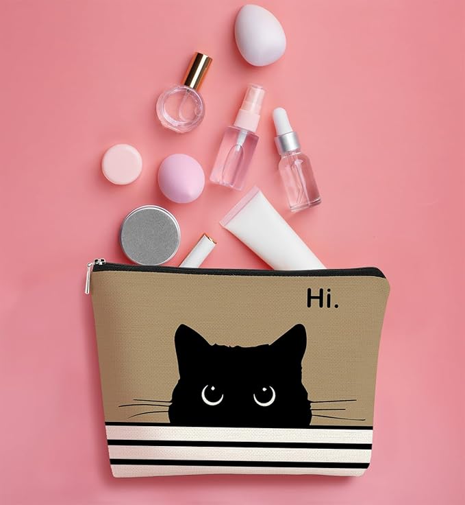 Cute Cat Makeup Bag, Kitty Cosmetic Pouch (Black, Light Purple)