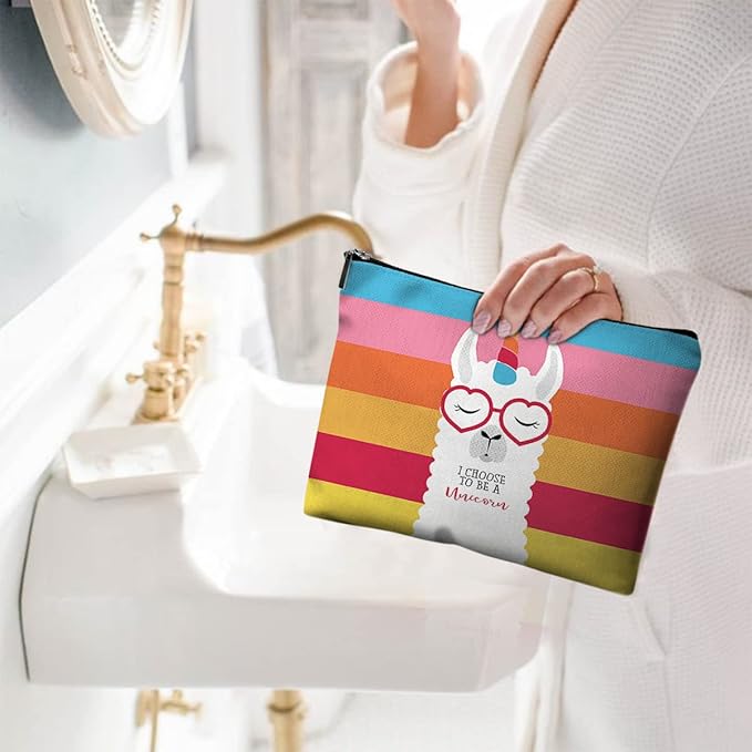Cute Makeup Bag for Purse Canvas Waterproof Funny Cosmetic Bags for Women Zipper Travel Toiletry Pouch-Alpaca Makeup Bags-Rainbow