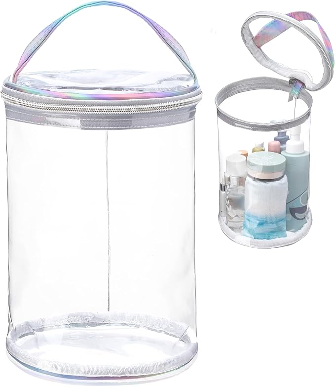 Clear Lotion Bag for Toiletry Cylinder Makeup Bag Heavy Duty Sunscreen Travel Organizer Pouch Waterproof Cosmetic Bag with Handle Zipper Gift for Christmas Beach Pool Airport Women(Silver)