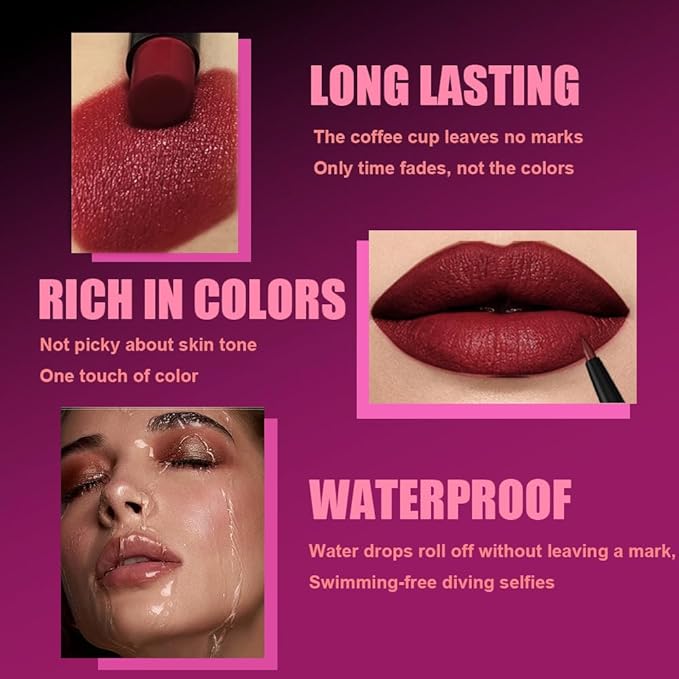2Pcs 2 in 1 Matte Plum Lip Liner and Lipstick Combo Set for Women,Lipstick Stain Lip Liner for Daily & Party Long Lasting Waterproof Smudge Proof 24 Hour Full Coverage Vegan Lip Makeup Kit