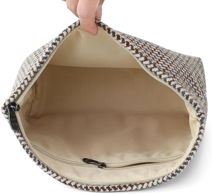 Large Capacity Plaid Tweed Makeup Bag - Travel Cosmetic Pouch & Toiletry Organizer with Zipper, Cloth Make Up Organizer for Daily Use, Gift for Women