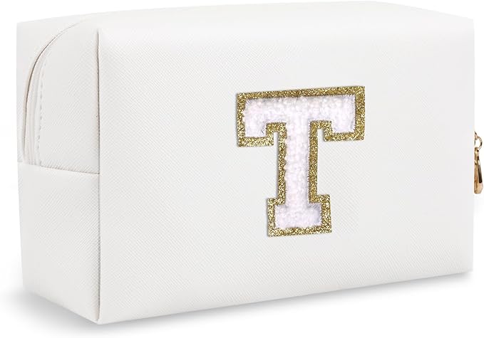 Personalized Small Travel Preppy Makeup Bag, Chenille Letter White Cute Makeup Bag Initial Cosmetic Pouch Toiletry Organizer, PU Waterproof Makeup Storage Thanksgiving Gifts for Friends(Letter T)