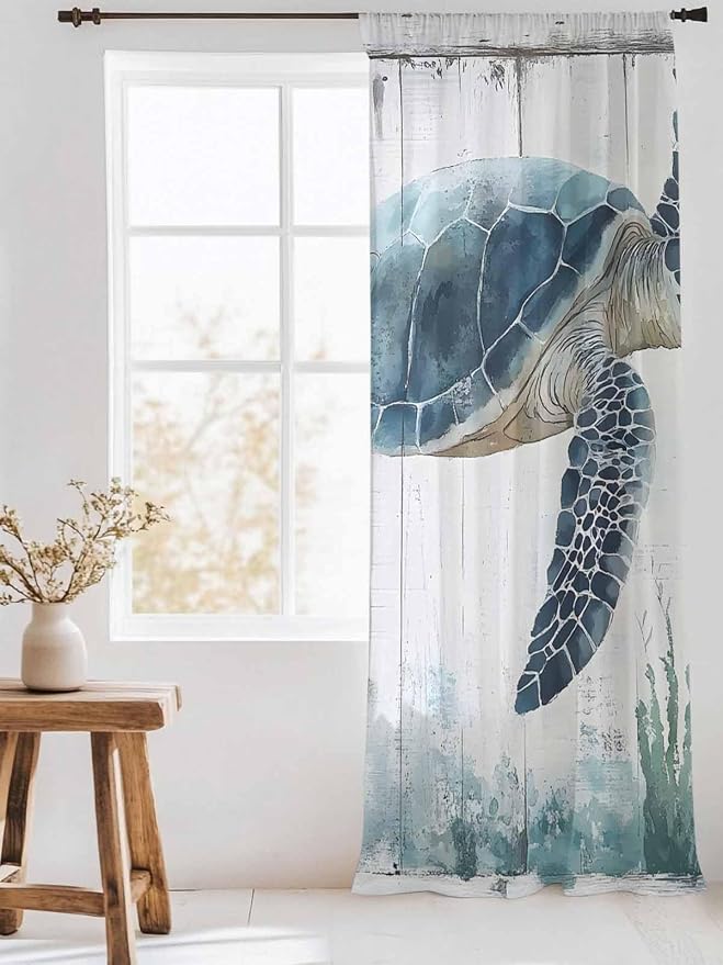 Sheer Curtains 108 Inches Long, Sea Turtle Teal Blue Semi Sheer Curtains Light - Image 3