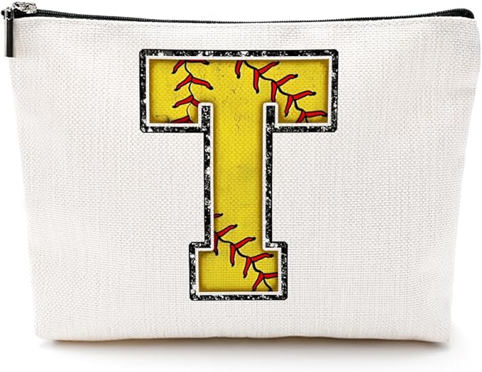 Softball Gifts Initial Makeup Bag Monogrammed Cosmetic Bag Letter T Zipper Pouch Softball Accessories for Girls Women Softball Player Coach Friend Softball Stuff Graduation Birthday Gifts