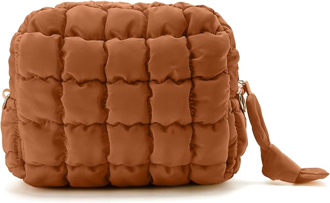Puffy Quilted Makeup Bag Small Puffer Bag Cosmetic Bags Travel Toiletry Purse for Women, Cute Organizer Pouch, Toffee