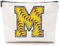 Softball Gifts Initial Monogrammed Cosmetic Bag Letter M Zipper Pouch for Girls Women Softball Player Coach Friend Graduation Birthday Gifts