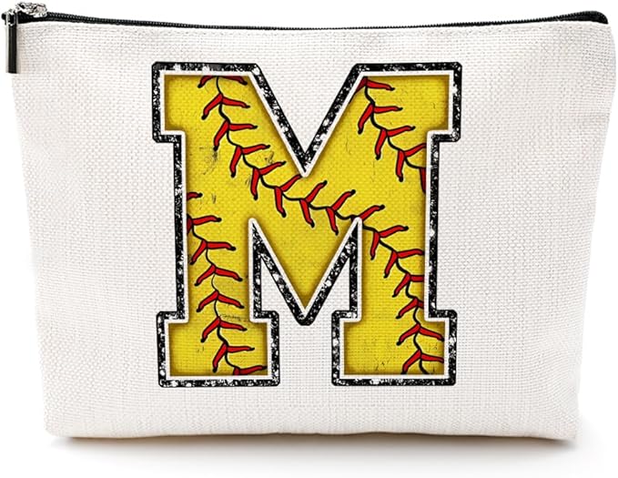 Softball Gifts Initial Monogrammed Cosmetic Bag Letter M Zipper Pouch for Girls Women Softball Player Coach Friend Graduation Birthday Gifts