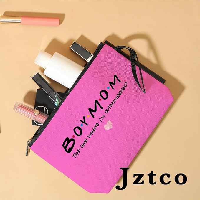 Jztco Boy Mama Makeup Bag, Baby Shower Gifts for Mom First Time, Christmas Birthday Unique Cosmetic Bag Funny Mothers Day, New Mom Gifts - Boy Mama The One Where I'm Outnumbered, Pink