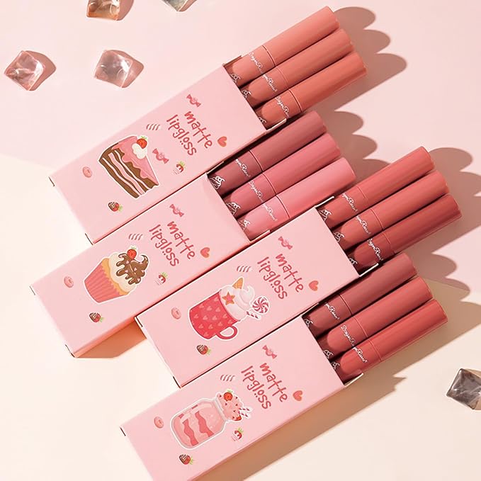 3Pcs Nude Matte Lipstick Set, Ice Cream Velvet Smooth Matte Lip Gloss, 24 Hour Natural Long Lasting & Nourishing Lip Glaze Non-stick Cup for Women Makeup (Set D)