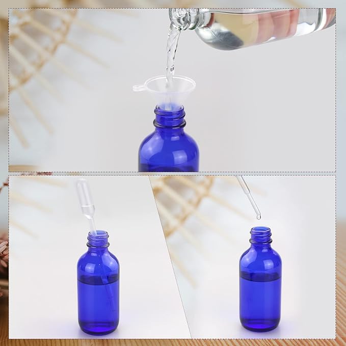 Wedama 4 oz Mini Glass Spray Bottles, Empty Small Spray Bottles with Funnel Dropper, Fine Mist for Hair, Travel, Plants, Cleaning Solutions and Skin Care (4 Pack Blue)