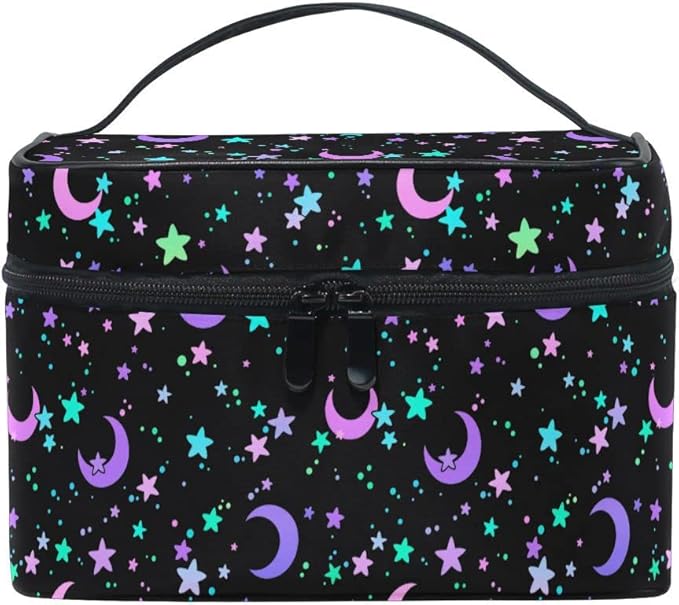 Makeup Bag, Crescents and Stars Makeup Organizer Bags Toiletry Bag Box Travel Cosmetic Bag Make Up Train Case for Women Teen Girl Ladies
