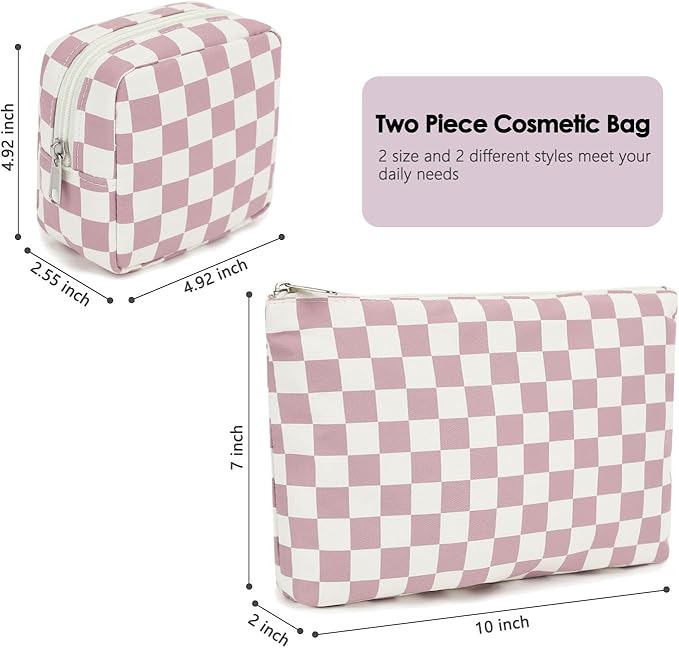 Checkered Makeup Bag, Travel Cosmetic Bag Organizer Toiletry Bag Make Up Bags with Zipper & Compartments for Women Girls, 2PCS