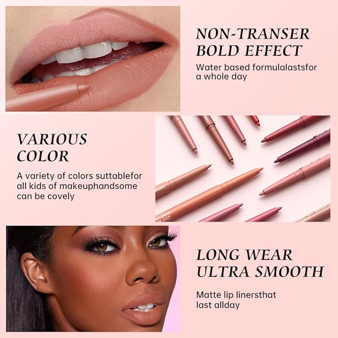 12 Colors Matte Lip Liner Pencil – Long Lasting Waterproof Lip Liner, Smudge Proof Transfer Proof Lip Pencil, High Pigment Lip Makeup for Defining & Filling Lips (A4-set:07+09+10, 3PCS)