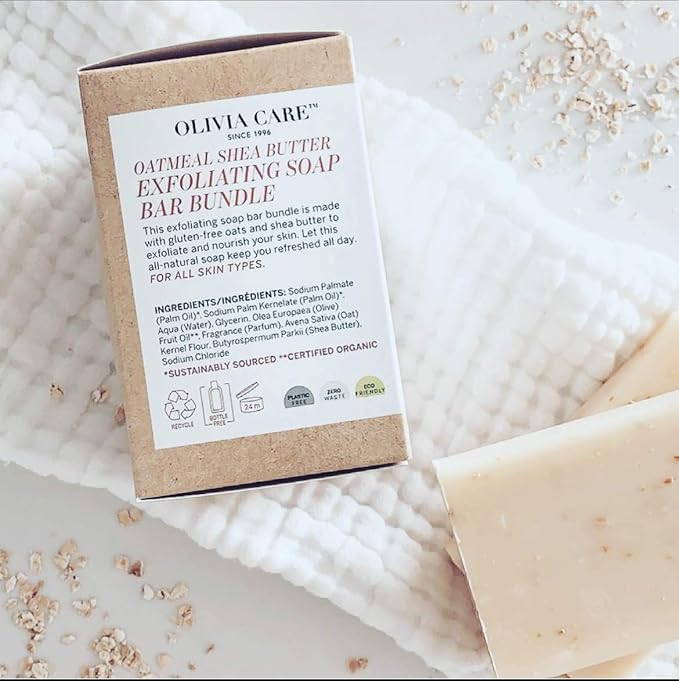 Olivia Care Exfoliating Bar Soap Pack by – 100% Natural & Organic - Infused with Shea Butter & Oats - Deep Clean, Refreshing, Moisturizing & Hydrating - Triple-Milled - X 5 OZ Oatmeal Shea Butter 3 Count (Pack of 3)