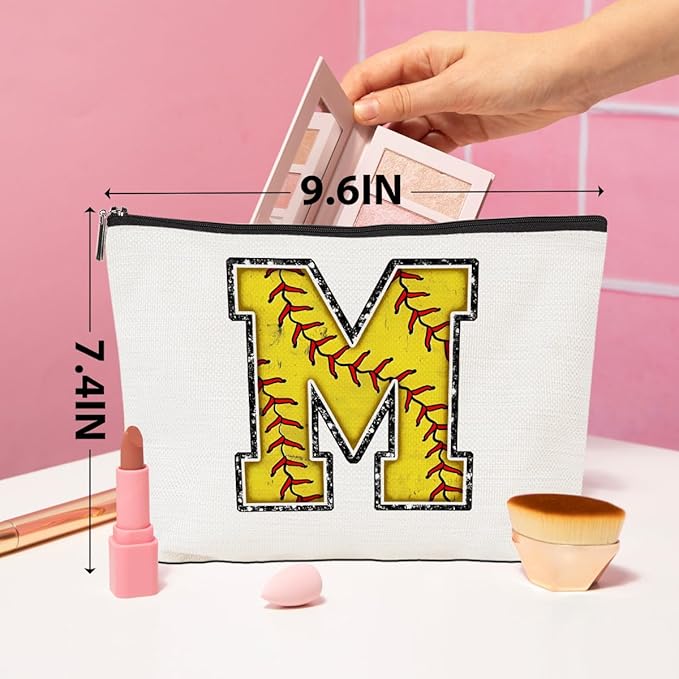 Softball Gifts Initial Monogrammed Cosmetic Bag Letter M Zipper Pouch for Girls Women Softball Player Coach Friend Graduation Birthday Gifts