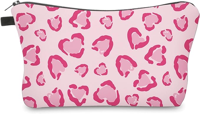 Cute Travel Makeup Bag Cosmetic Bag Small Pouch Gift for Women (Heart Leopard Pink)