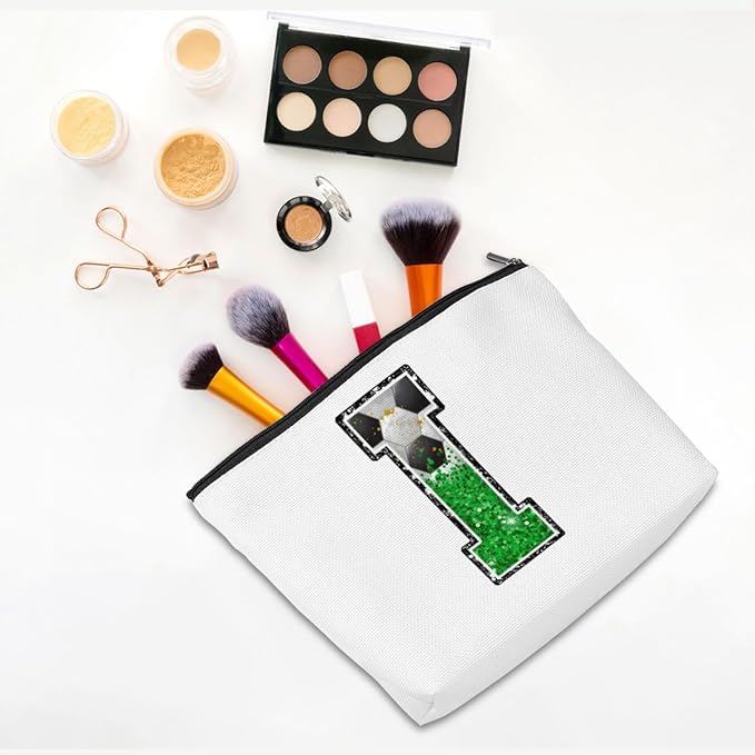 Soccer Gifts Initial Makeup Bag Monogrammed Cosmetic Bag Letter I Zipper Pouch Soccer Accessories for Girls Women Soccer Player Coach Friend Soccer Stuff Graduation Birthday Gifts