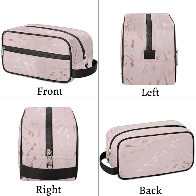 Modern Rose Gold Music Note Travel Toiletry Bag for Women Men Lightweight Cosmetic Makeup Bag Organizer Waterproof Shaving Bag Dopp Kit with Large Capacity for Toiletries and Shaving Accessories