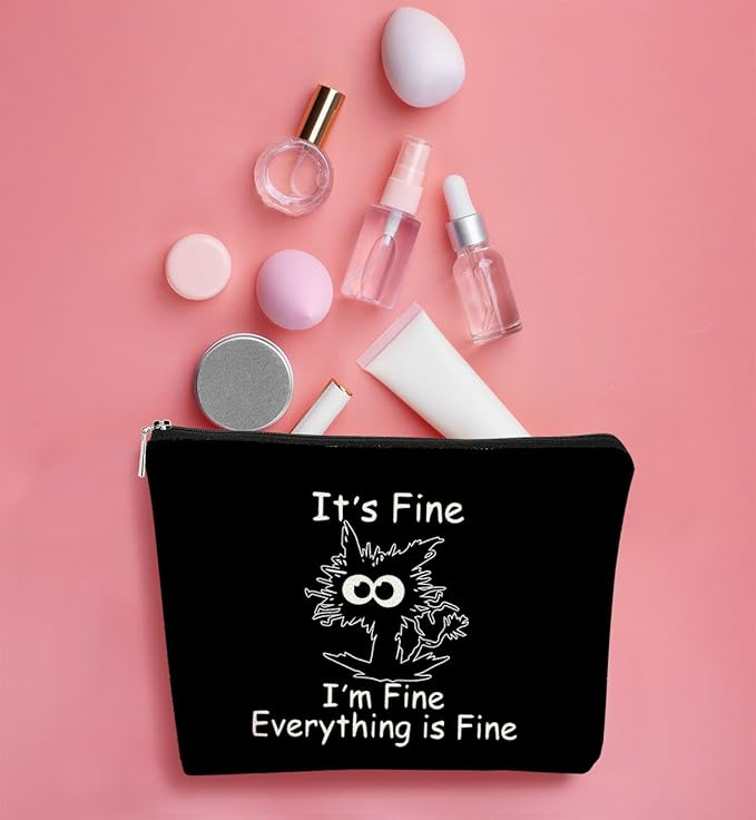 Funny Cute Cat Makeup Bag,Cat Lover Gifts For Women,Its Fine Im Fine Everythings Fine,Black Cat Cosmetic Bag Small Pouch,Birthday Gift,Coworker Gifts(Black)