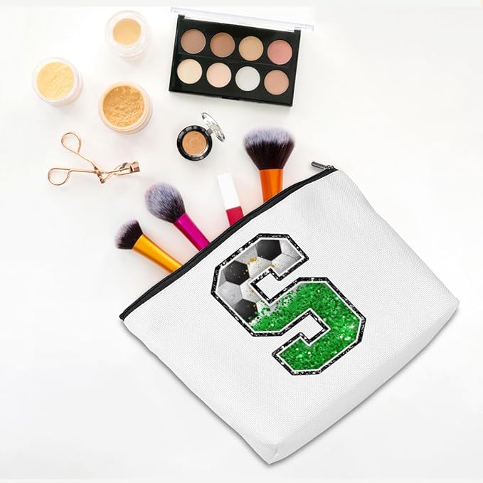 Initial Makeup Bag Monogrammed Cosmetic Bag Letter S Zipper Pouch Soccer Accessories for Girls Women Player Coach Friend Stuff Graduation Birthday Gifts