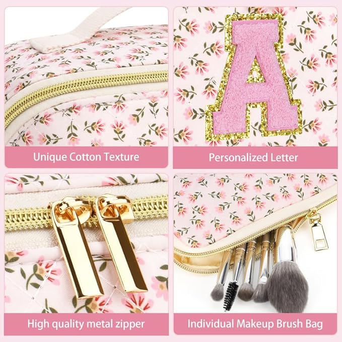 Personalized Travel Makeup Bag Set,Initial Travel Cute Floral Makeup Organizer Bag,Toiletry Skincare Cosmetic Bag,Christmas Gifts for Women/Girls,Open Flat Toiletry Pouch with Brush Pocket-Z