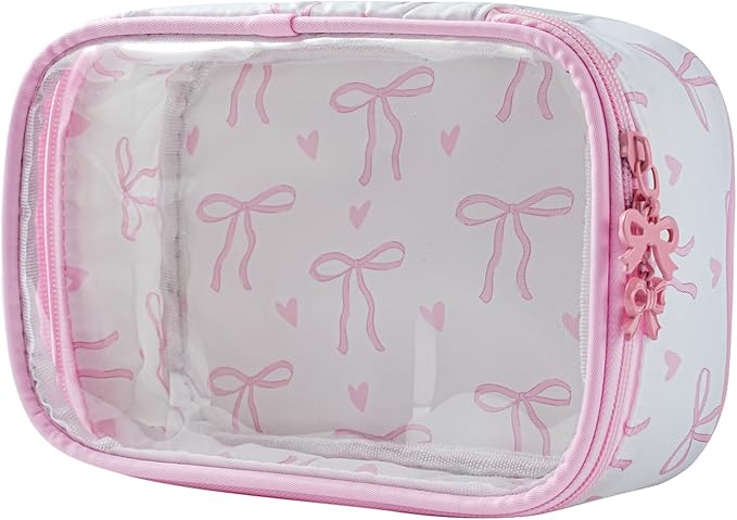 Cute Clear Makeup Bag with Bow Pattern,Transparent Nylon Travel Cosmetic Case with Zipper,Portable Makeup Organizer Pouch for Essentials(01Pink)