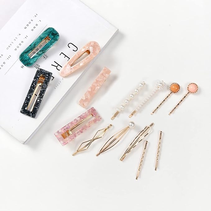 Mehayi 20 PCS Pearls and Acrylic Resin Hair Clips, Handmade Hair Barrettes, Marble Alligator bobby pins, Glitter Crystal Geometric Hairpin, Elegant Gold Hair Accessories, Gifts for Women Girls