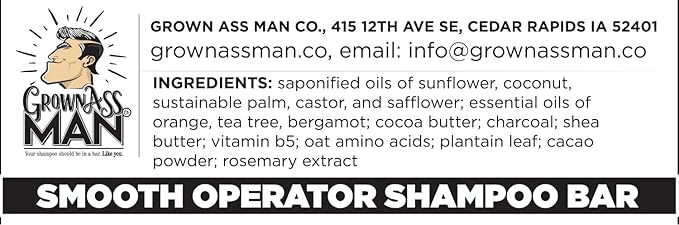 Grown Ass Man Co. - Solid Shampoo Bar Rich Lather 3 in 1: Hair, Beard & Body Wash - Plastic Free & Eco-Friendly, Natural & Organic Clean for All Hair Types, 4oz Bar (Smooth Operator, Single)