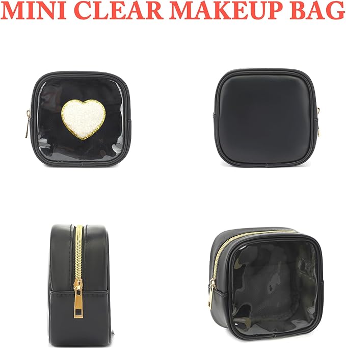 Clear Makeup Bag with 2 Cute Chenille patterns - Waterproof PU Leather Cosmetic Case, Mini Personalized Toiletry Pouch for Women & Teens, ideal for Travel & Gift